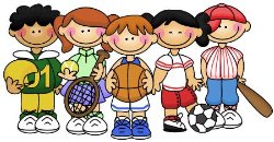 Children wearing sport clothes and holding sporting equitpment.